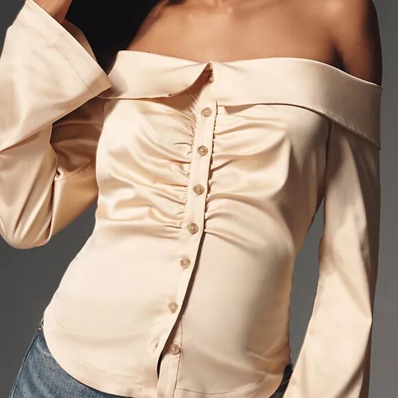 Anthropologie Off-The-Shoulder Collared Silky Shirt (NEW) - Picture 4 of 4